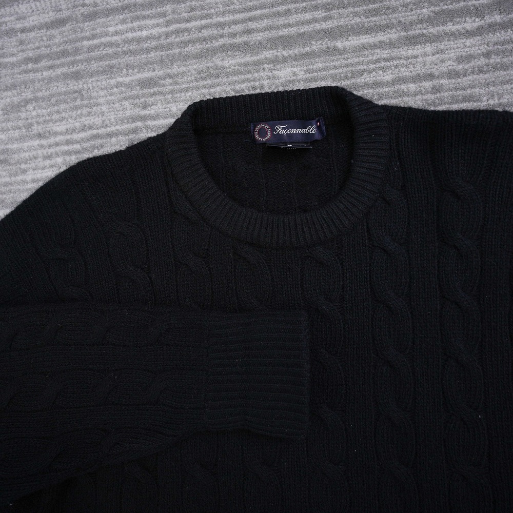 Faconnable Mens Cable Knit Sweater Black Wool Angora Blend Crewneck Small